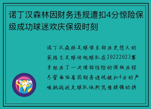 诺丁汉森林因财务违规遭扣4分惊险保级成功球迷欢庆保级时刻
