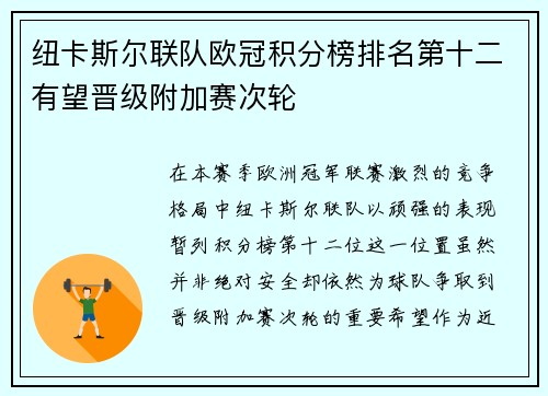 纽卡斯尔联队欧冠积分榜排名第十二有望晋级附加赛次轮 纽卡斯尔联队欧冠积分榜排名第十二有望晋级附加赛次轮