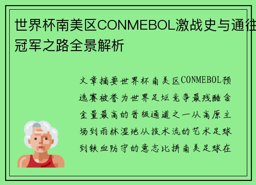 世界杯南美区CONMEBOL激战史与通往冠军之路全景解析